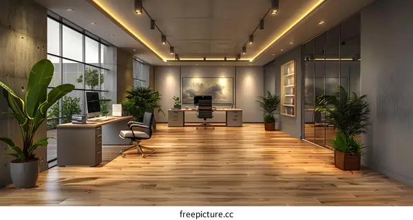 Modern office interior with wooden floor, plants and large windows
