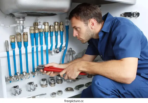 Plumber working on kitchen plumbing system