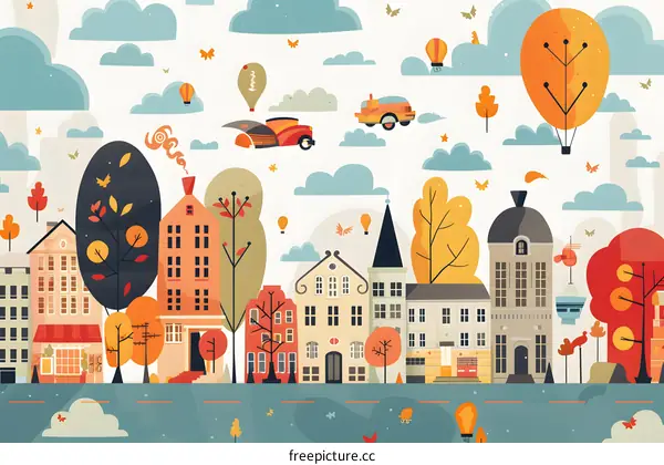 Colorful Autumn Cityscape With Hot Air Balloons Illustration