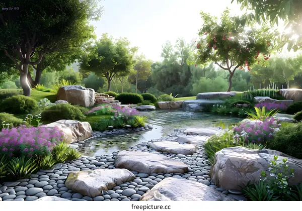 Pebble path in a Zen garden with a small pond and waterfall