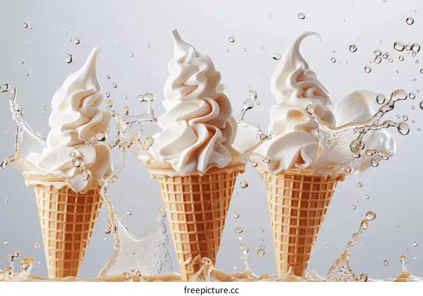 Three vanilla soft serve ice cream cones with splashing milk