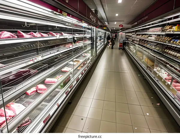 Supermarket Meat Display Aisle With People Shopping
