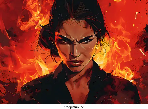 Portrait of a determined young woman with fire in the background