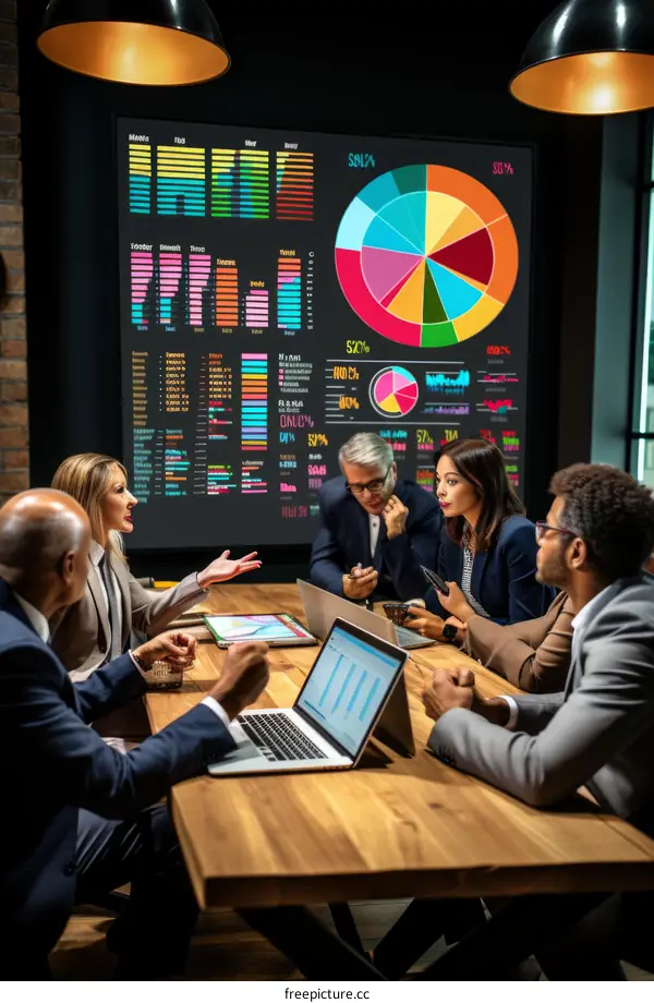 Diverse business team discussing financial statistics and data analytics on a large screen in a modern office