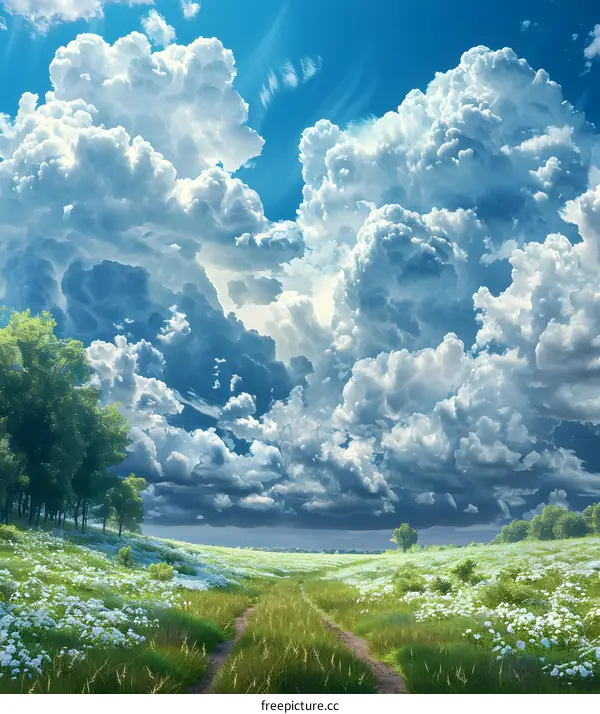 The vast sky is full of white clouds, and there is a path in the middle of the grass field