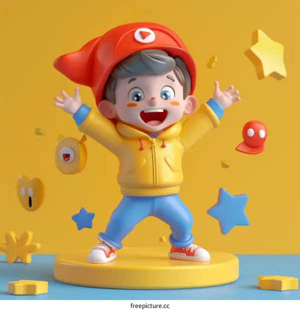 3D illustration of a boy wearing a red hat and yellow jacket