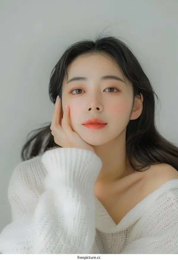 Portrait of a Young Woman with Long Black Hair and White Sweater