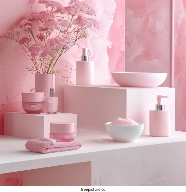 Pink and white bathroom counter with pink flowers and beauty products