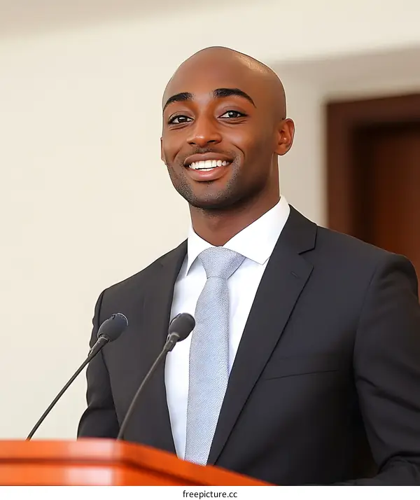 Smiling Businessman Giving Speech At Podium