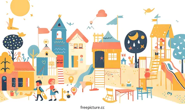 Colorful Illustration of a Playful Village with Children
