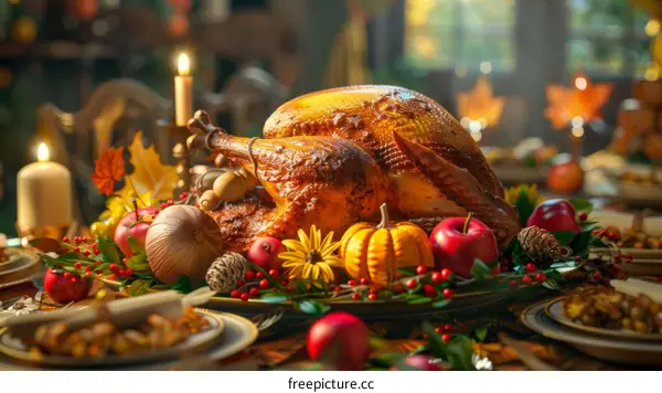 Thanksgiving Dinner Table with Roasted Turkey, Pumpkins, Autumn Leaves and Autumn Decorations