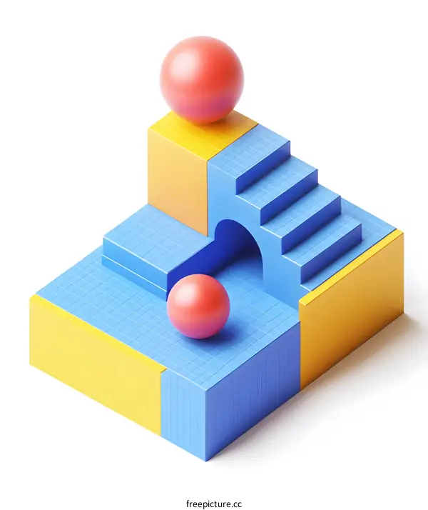 Abstract 3D Colorful Geometric Shapes with Stairs and an Arch