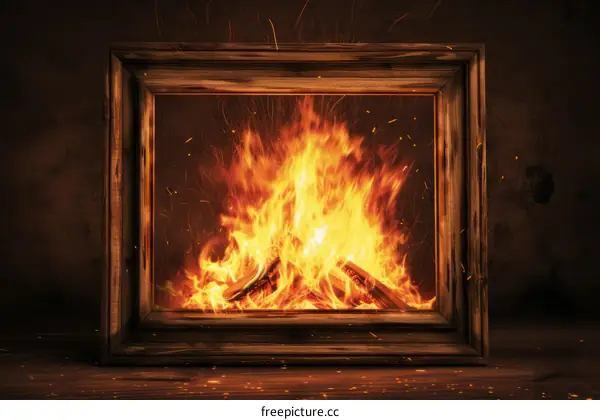 Fireplace with burning firewood in wooden frame