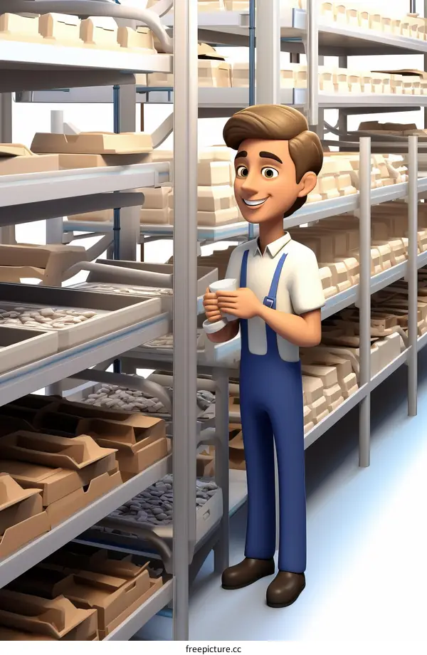 Happy worker in a warehouse checking stock