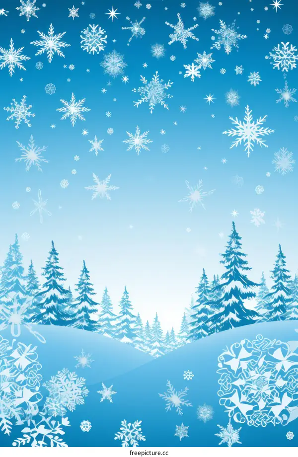 Blue and white winter background with snowflakes and snow-covered pine trees