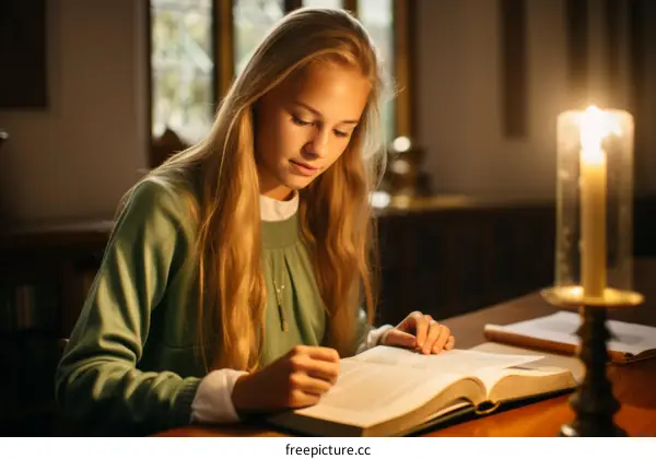 Young woman reading a book by candlelight