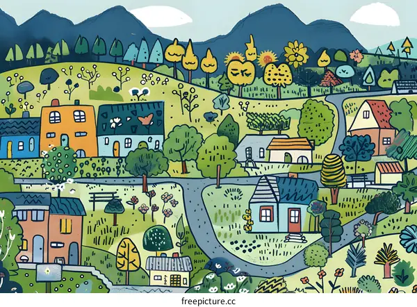 Colorful Illustration Of A Small Village With Houses And Trees