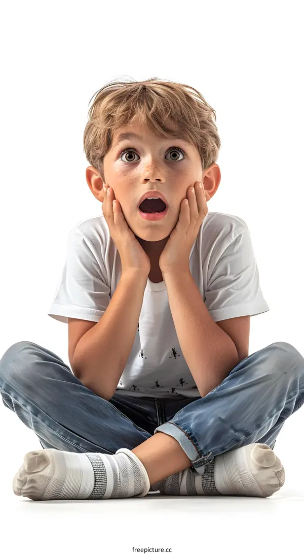 A boy with freckles on his face is sitting on the floor with his hands on his head
