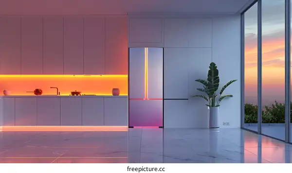 Modern Kitchen with Large Fridge and City Views