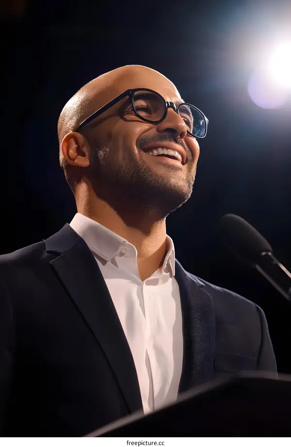 Smiling Man in Suit Speaking on Stage with Microphone