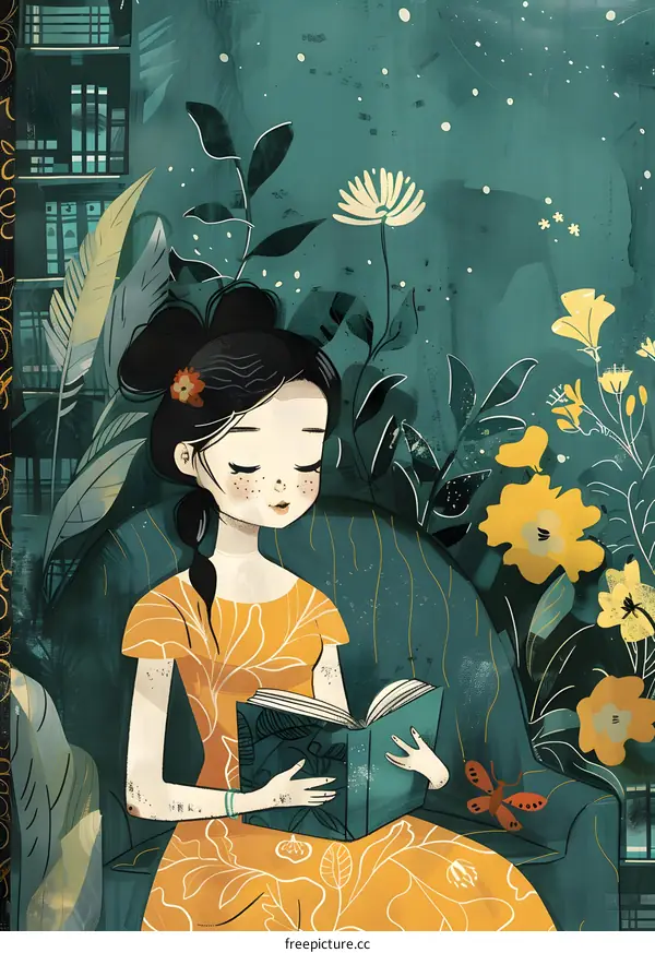 Girl Reading Book in a Garden Illustration