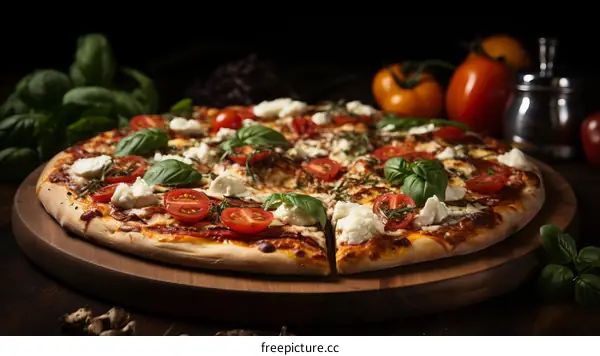 Pizza with fresh basil, tomatoes, and mozzarella cheese
