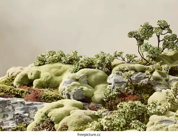 Green Moss Texture Background with Miniature Trees