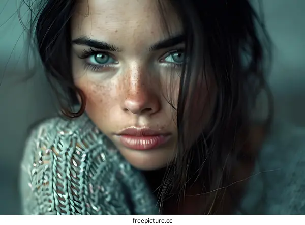 portrait of a young woman with freckles and green eyes