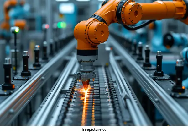 Industrial robot arm welding on production line