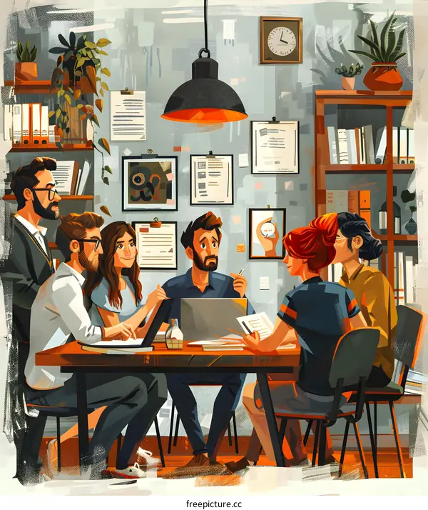 A group of people are having a meeting in an office