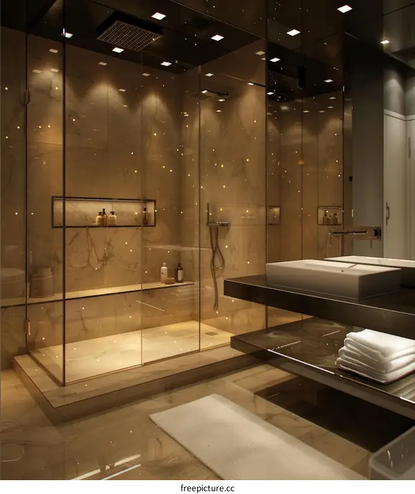 Luxurious Marble Tiled Bathroom with Glass-Enclosed Shower