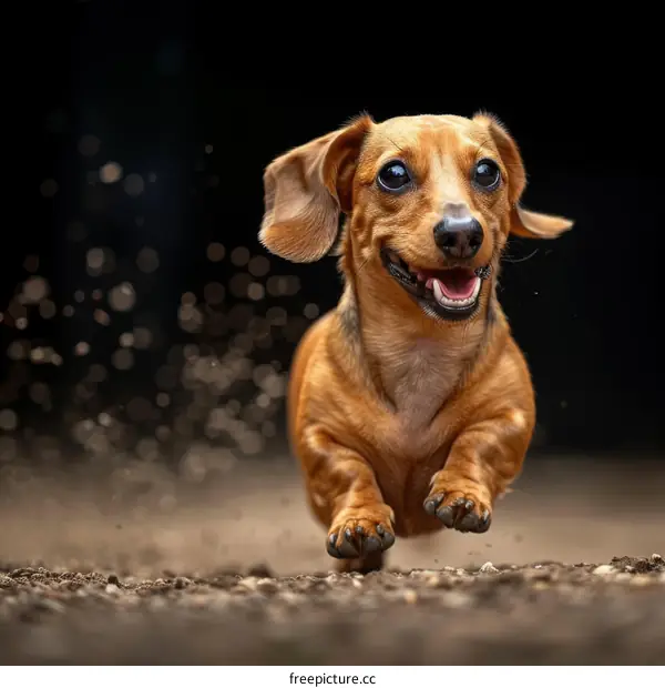 A happy brown dachshund running in the dirt