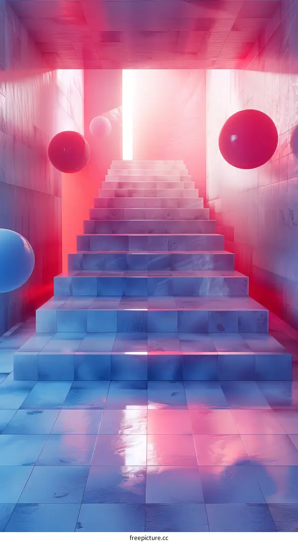 Surreal Pink and Blue Geometric Stairs in Futuristic Setting