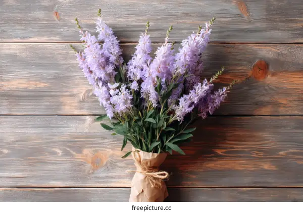 Purple Flowers Bouquet on Wooden Background