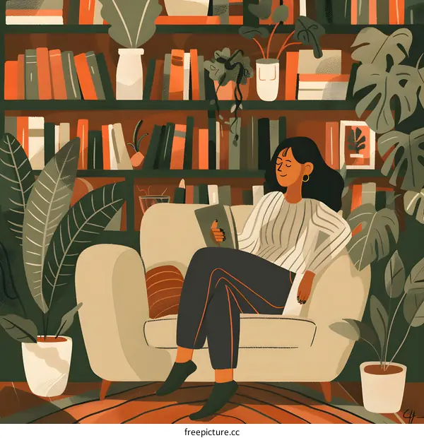 Woman Reading on a Couch in a Room with Bookshelves and Plants