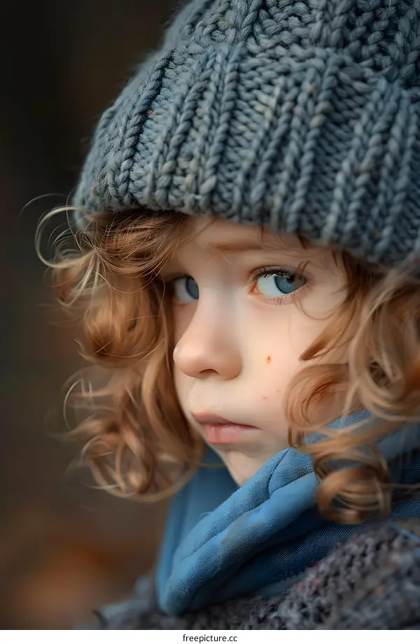Portrait of a sad looking child wearing a gray knitted hat