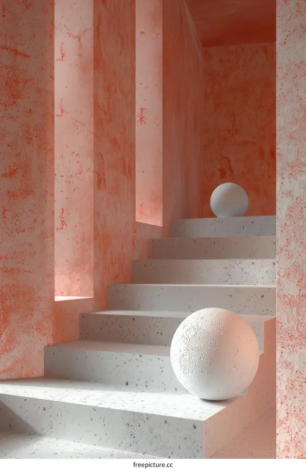 3D Rendering of Modern Stairs with Abstract Spheres