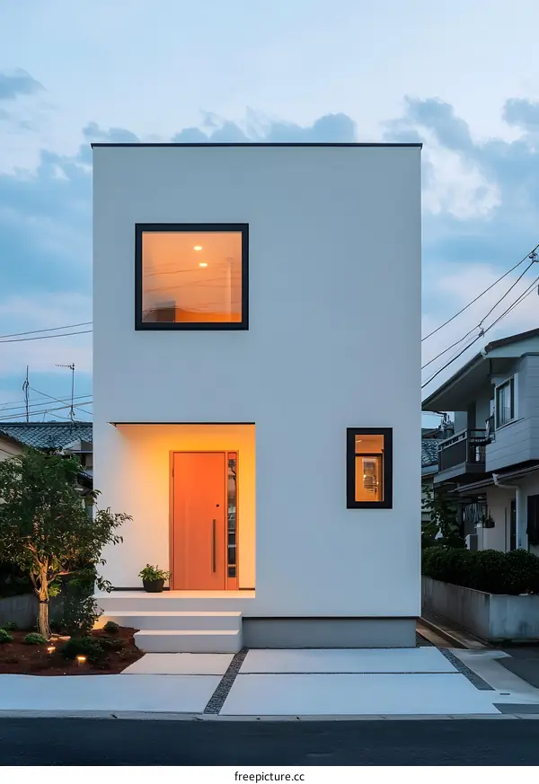 Modern White Minimalist House Exterior with Wooden Door