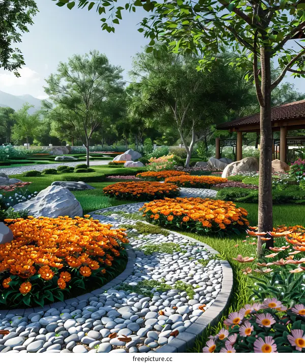 Landscaping Design with Large Rocks and Orange Flower Beds