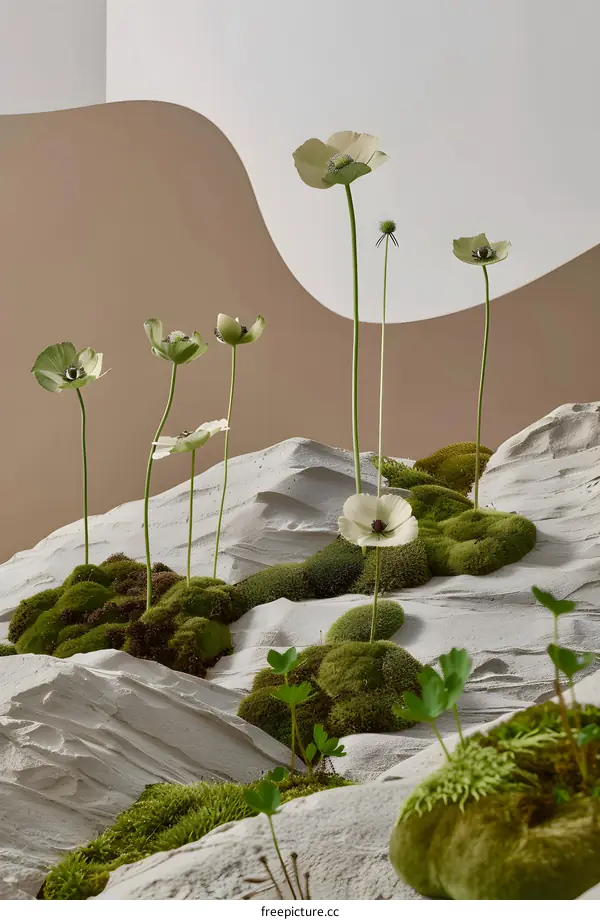 White Flowers and Moss in a Sandy Landscape