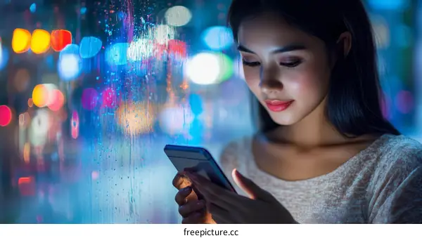 Woman using smartphone in city night