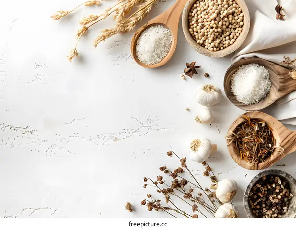 White Tabletop with Various Spices and Dried Herbs