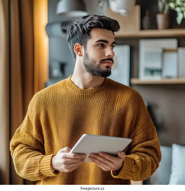 Young Man Using Tablet in a Living Room