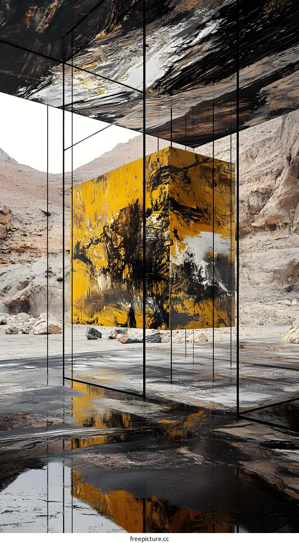 Abstract Golden Cube Artwork in Desert Landscape