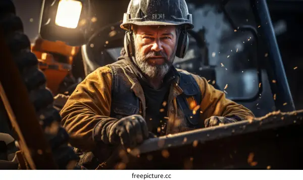 Portrait of a male construction worker wearing a hard hat and safety glasses, with a serious look on his face