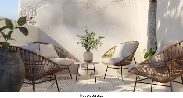 White Wall Balcony With Wicker Chairs and Flowers