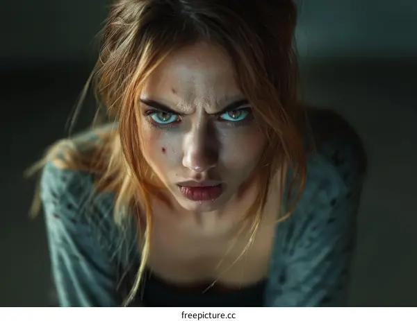 Portrait of a young blonde woman with green eyes looking at the camera with an angry expression