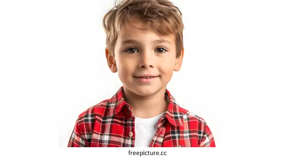 Portrait of a happy little boy in a red checkered shirt