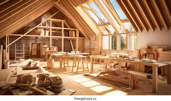 A large attic space with wooden beams and skylights