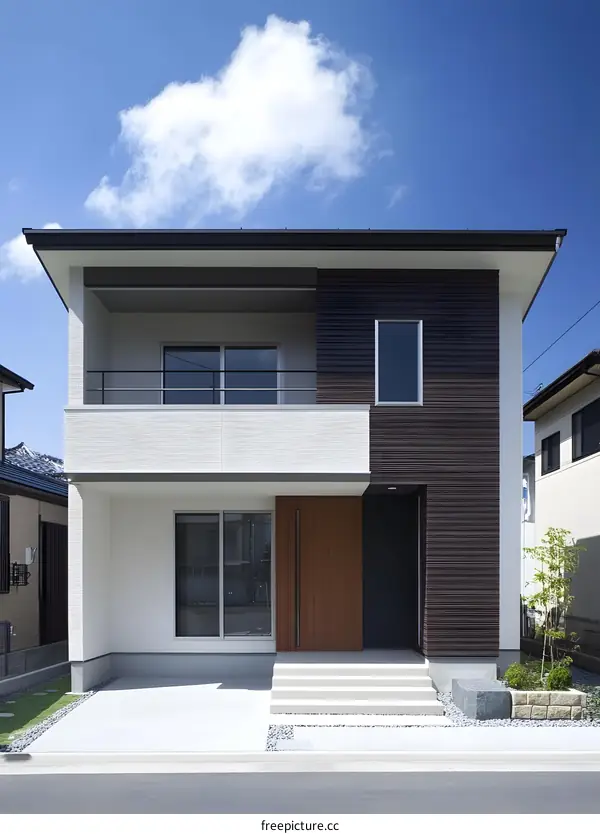 Modern Two Story House with Balcony and Wooden Door